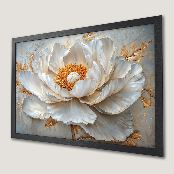 Framed Poster of a white peony flower with gold accents. Elegant floral art in neutral tones.