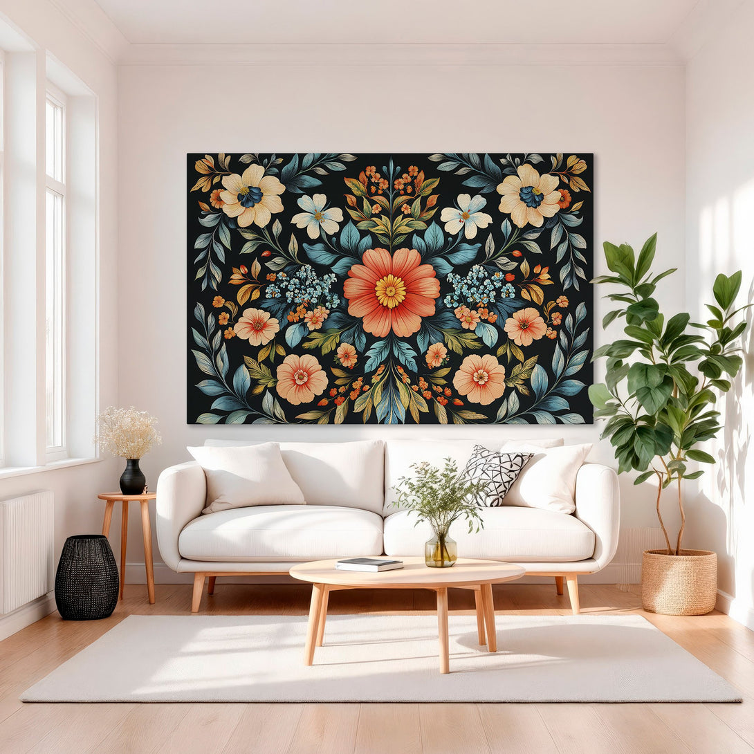 Framed Wall Art featuring a vibrant floral design in a botanical style, showcasing a rich color palette of coral, teal, and gold. Perfect for home decor.