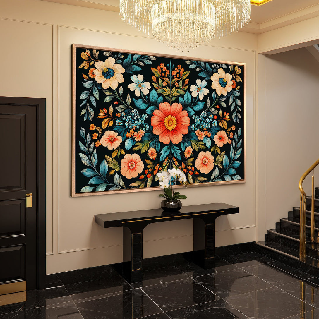 Framed Wall Art featuring a vibrant floral design in a botanical style, with a dark background and a warm color palette. Perfect for home decor!