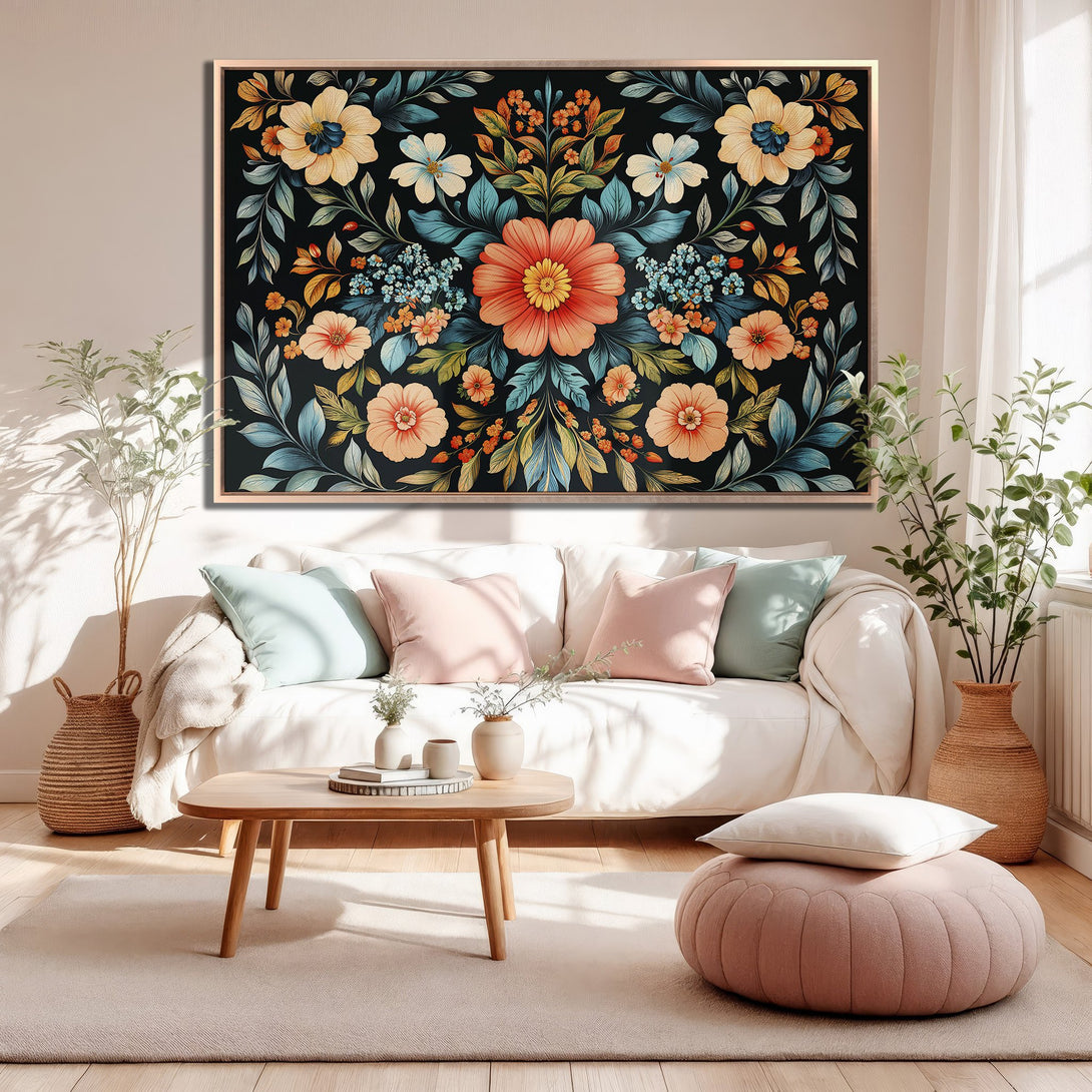 Framed Wall Art featuring a floral design with a dark background, warm peach, teal, and yellow color palette, displayed in a cozy living room.