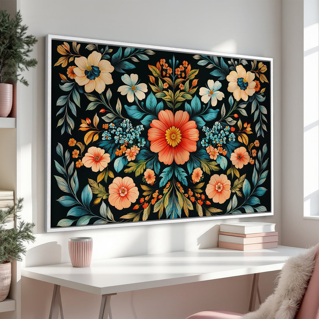 Framed Wall Art featuring a vibrant floral design with a black background. Beautiful botanical art in a colorful palette of orange, teal, and yellow. Perfect for home decor!