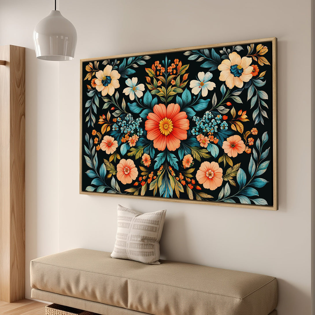 Framed Wall Art featuring a vibrant floral design with a black background, offering a pop of color to any room.