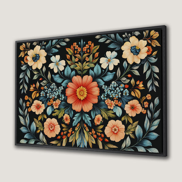 Framed Wall Art: Floral design Canvas Print in a vintage style with a dark background, featuring peach, blue, and yellow tones. Perfect for home decor.