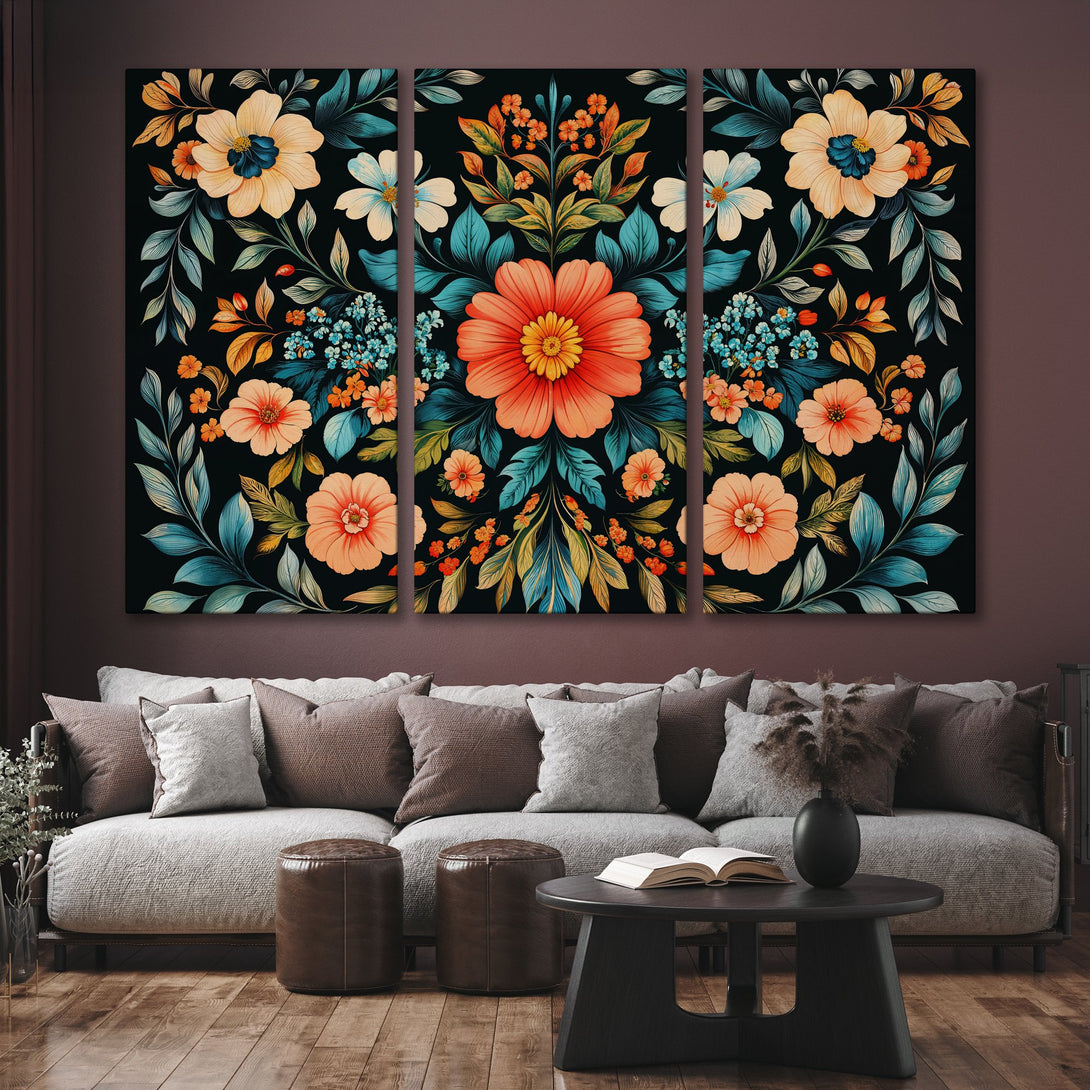 Canvas Print of vibrant floral art in a triptych format. Features a dark background with orange, teal, and cream flowers, perfect for adding a pop of color.