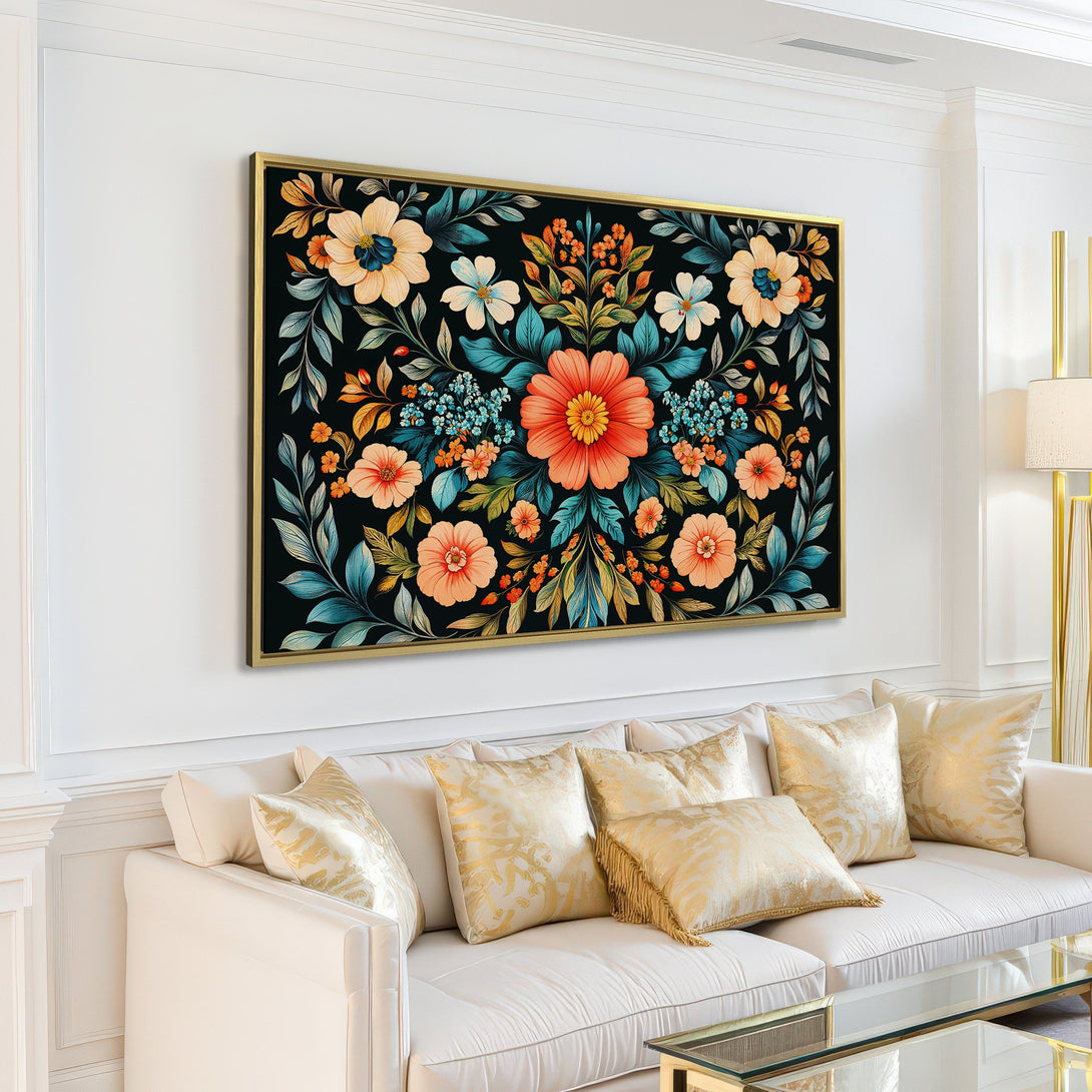 Canvas Print of floral artwork in a living room. Features a vibrant, botanical design with a dark background and warm color palette.