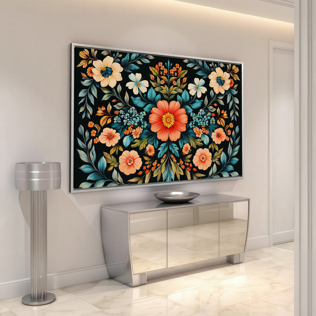 Framed Wall Art featuring a floral design in a vibrant color palette of orange, teal, and black. Perfect for adding a pop of color to any room!
