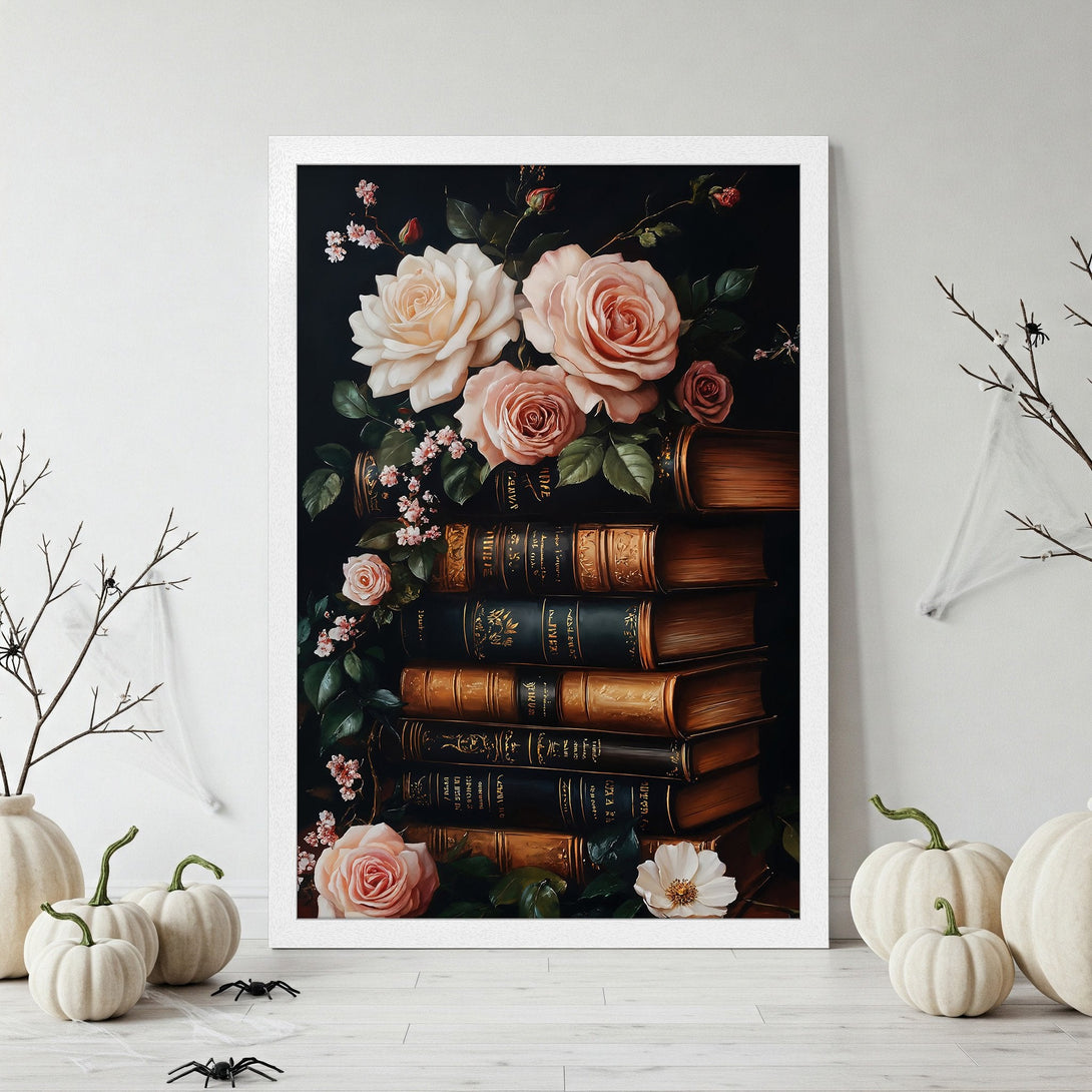Framed Poster featuring a gothic still life of roses and books, with a dark, moody color palette. Perfect wall art!