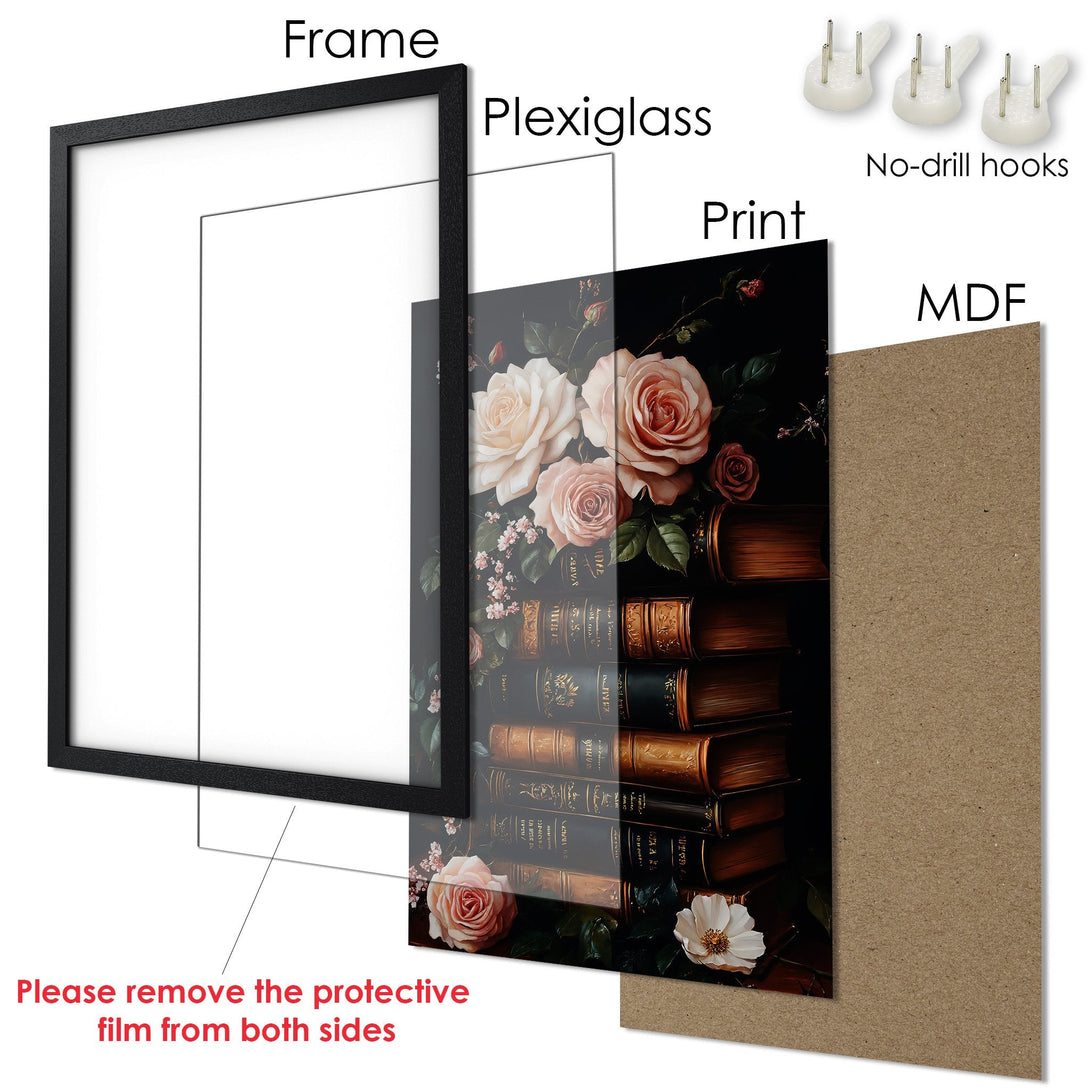 Framed Poster featuring a romantic floral still life with roses. Dark, moody style with a red and gold color palette. Perfect wall art!