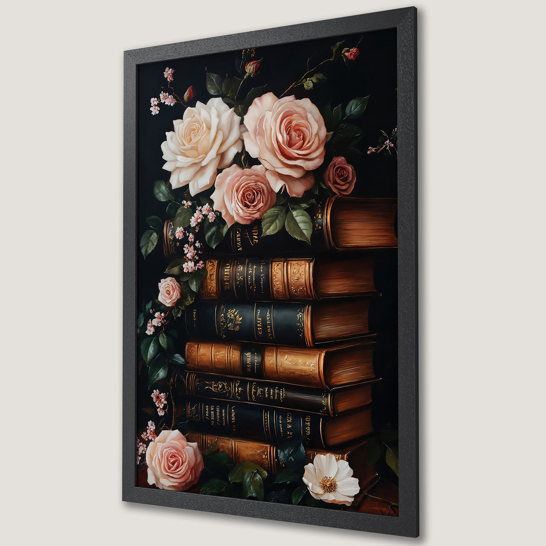 Framed Poster featuring a floral still life with roses & books, in vintage style with a red & dark green color palette.