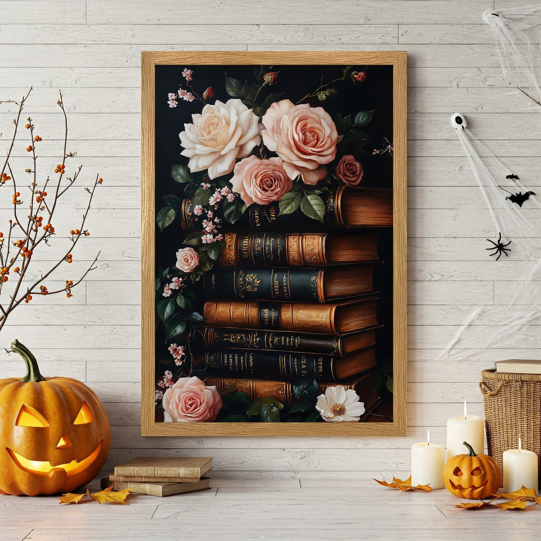 Framed Poster featuring a vintage floral still life with roses and books. Dark, moody color palette perfect for fall decor.