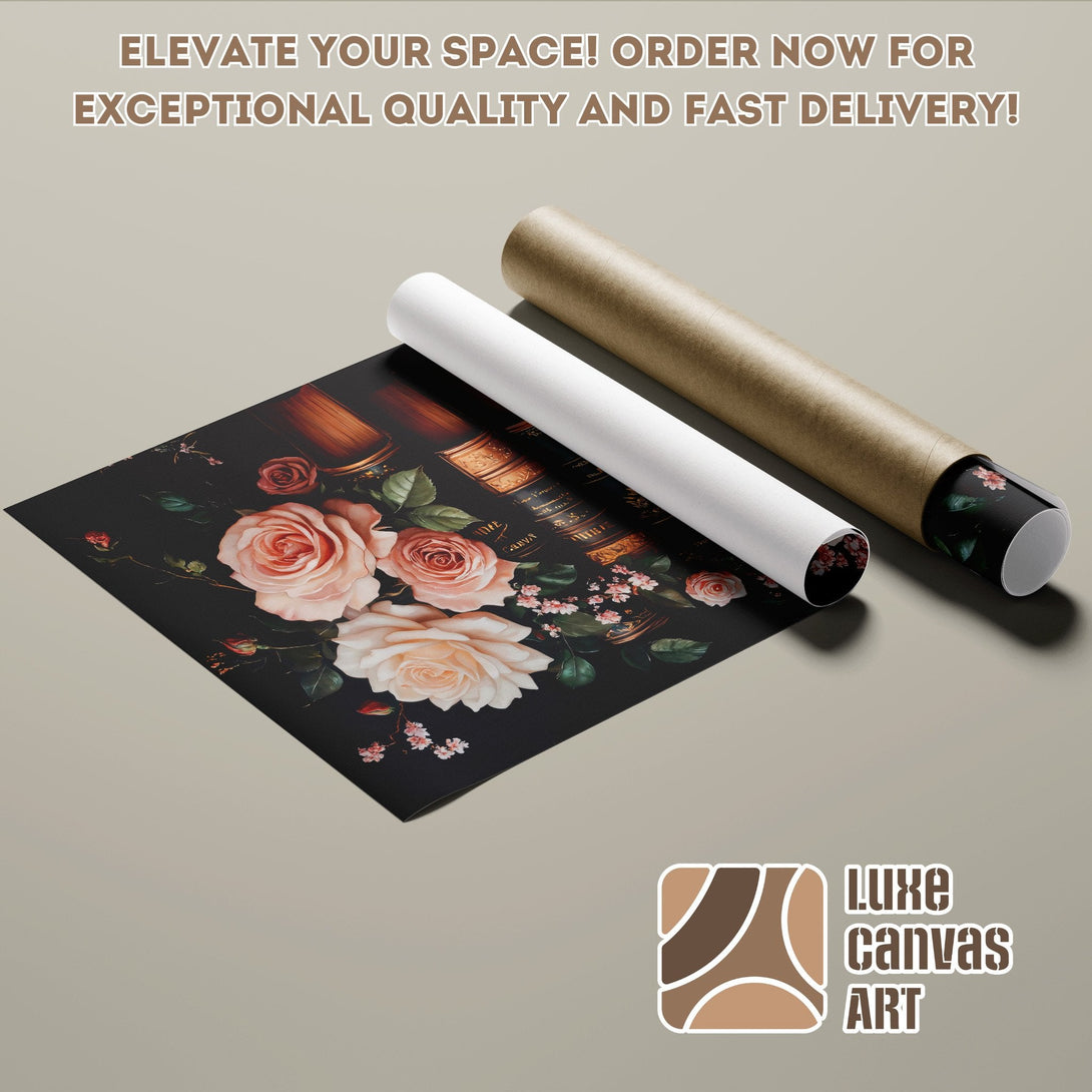 Poster Roll featuring a floral and book design, with a rich red and earthy color palette.