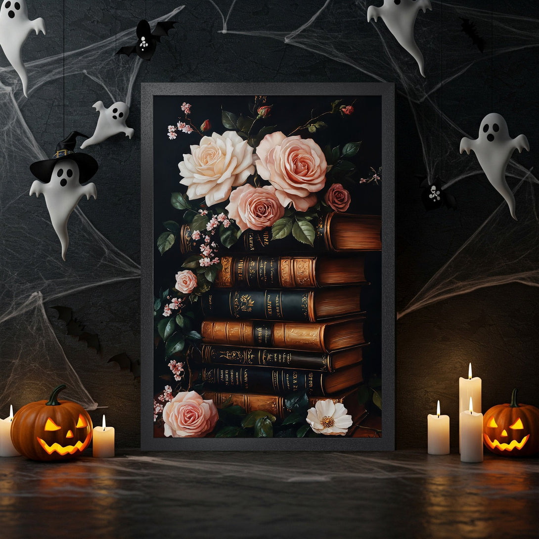 Framed Poster featuring a floral still life with roses and books, in a dark, gothic style with a red and black color palette.