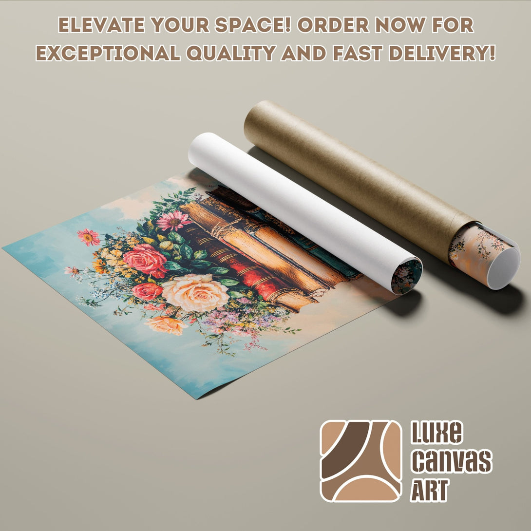 Poster Roll featuring a floral and book illustration in a vintage style with a soft, pastel color palette. Order your art today!