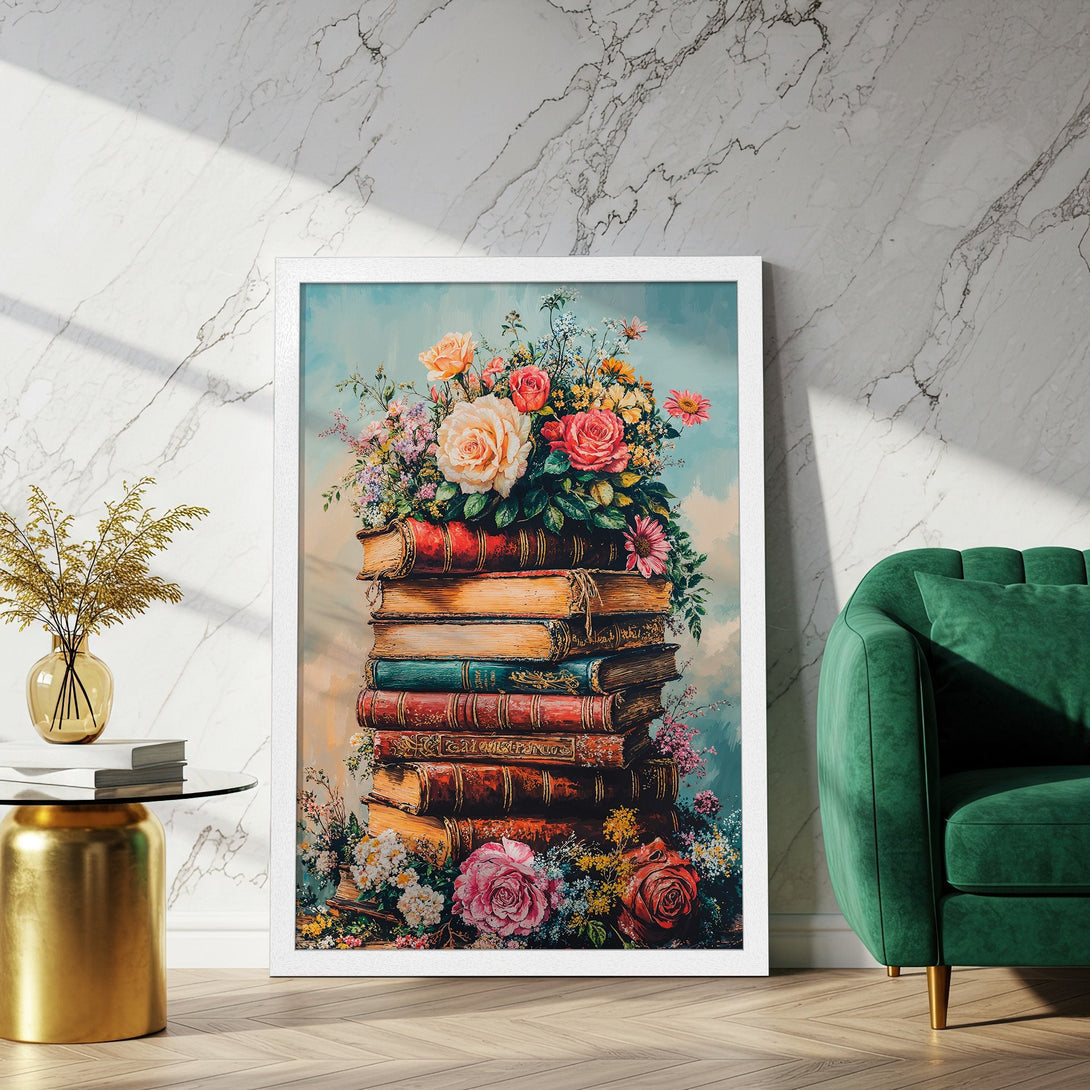 Framed Poster featuring a stack of books with vibrant flowers. Romantic style, warm color palette with reds, oranges, and greens. Perfect wall art.