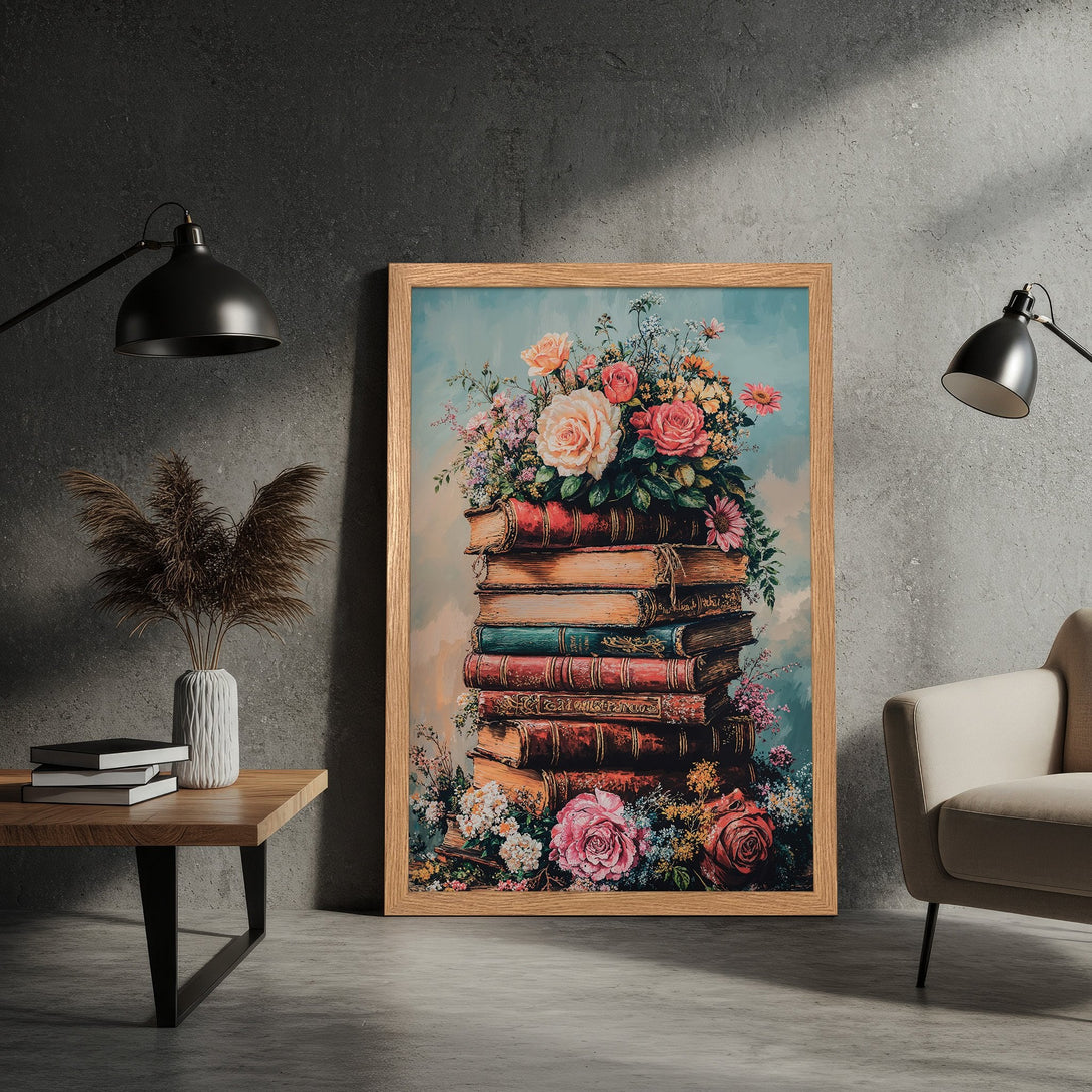 Framed Poster featuring vintage books and floral arrangement, artistic style, warm color palette. Perfect wall art for home decor.