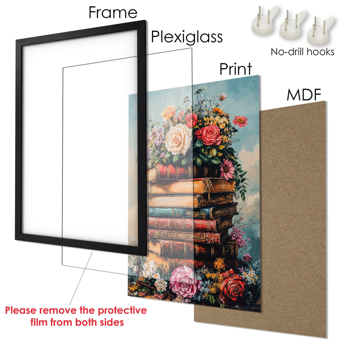 Framed Poster featuring a floral still life. Romantic style with a warm, vibrant color palette of roses and books.