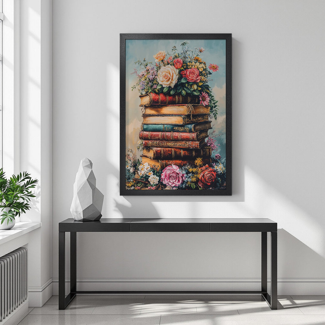 Framed Poster featuring a floral still life on books, vintage style, with a warm, colorful palette. Perfect wall art!