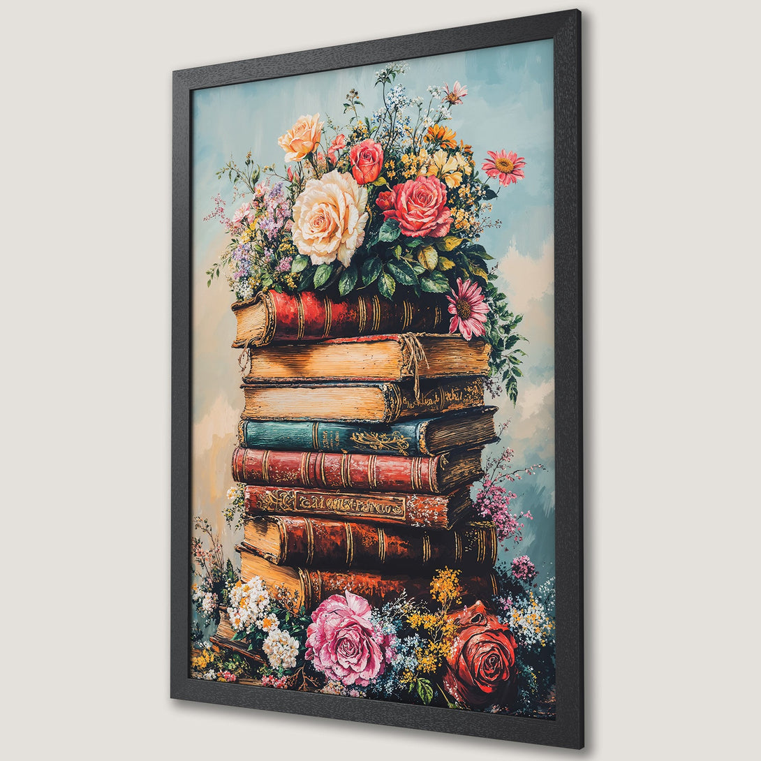 Framed Poster featuring a floral still life with books. Vintage style, warm color palette of reds, pinks, and yellows. Perfect wall art!