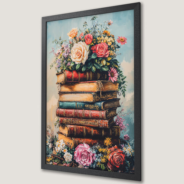 Framed Poster featuring a floral still life with books. Vintage style, warm color palette of reds, pinks, and yellows. Perfect wall art!