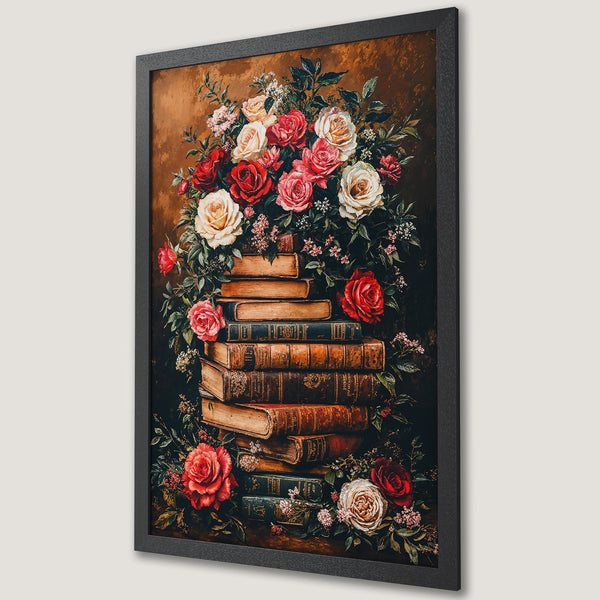 Framed Poster featuring a romantic still life of roses and books in a vintage style with a warm, earthy color palette. Perfect wall art!