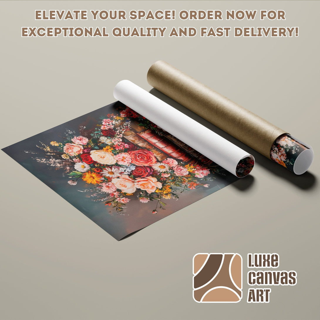 Floral Poster Roll with dark background, colorful flowers, and warm tones. Elevate your space!