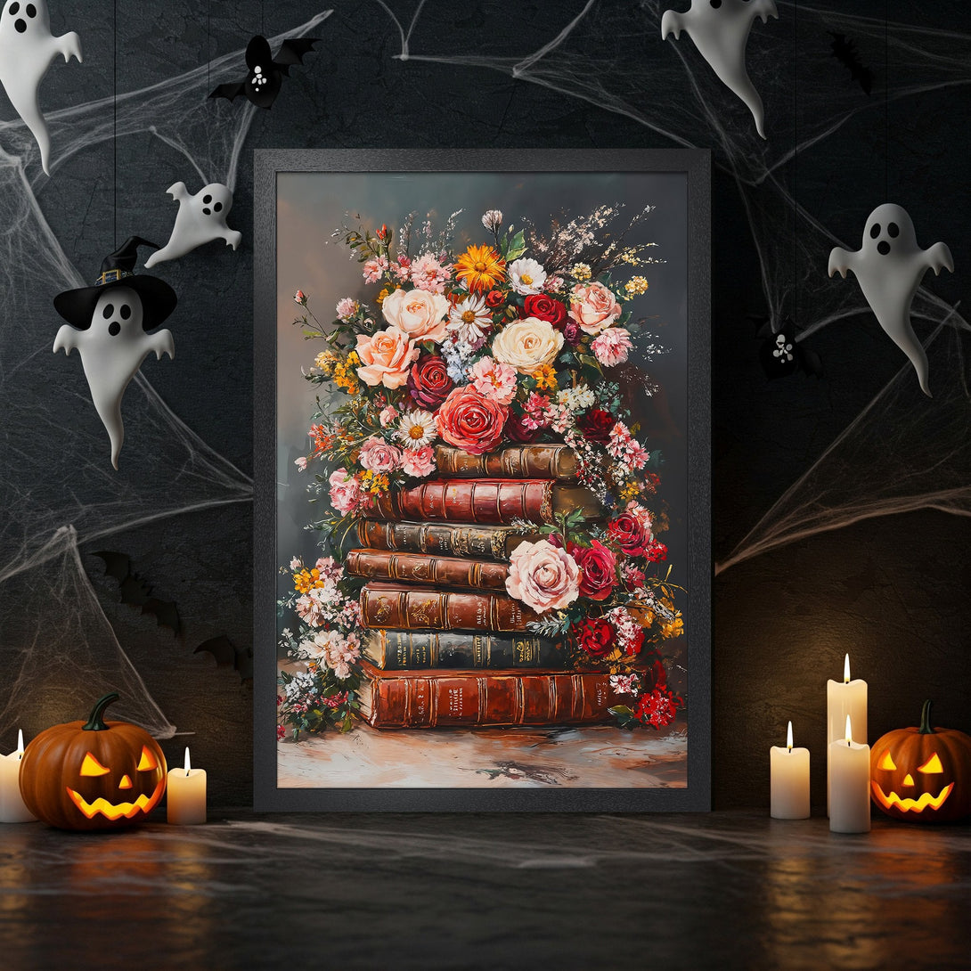 Framed Poster featuring a floral still life on books, with a dark, moody color palette. Perfect Halloween decor!