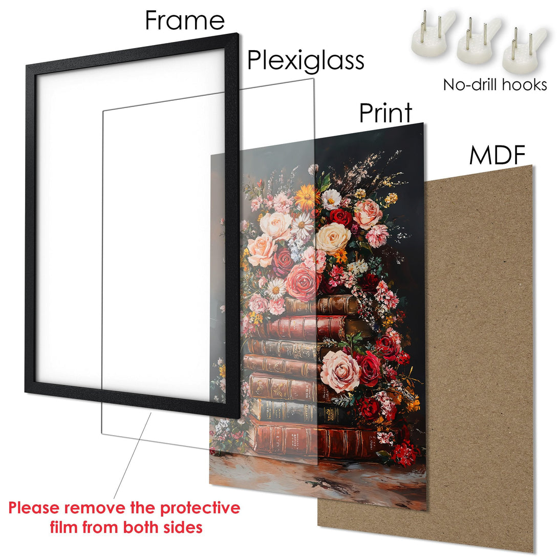 Framed Poster featuring a floral still life in a dark, romantic style with a warm color palette. Perfect wall art!