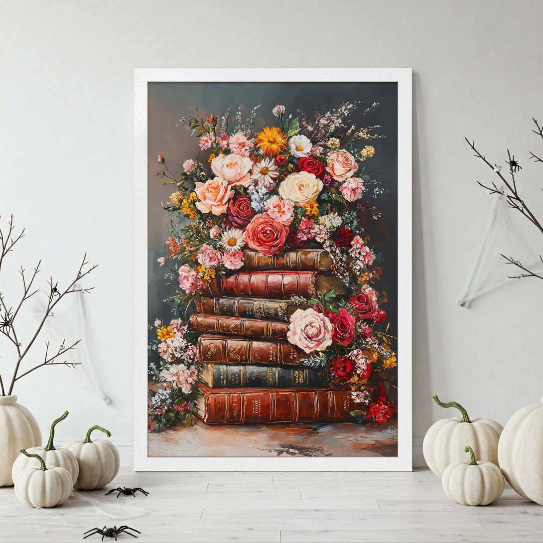 Framed Poster featuring a floral still life painting in warm red, pink & yellow hues, on a stack of books. Perfect wall art!