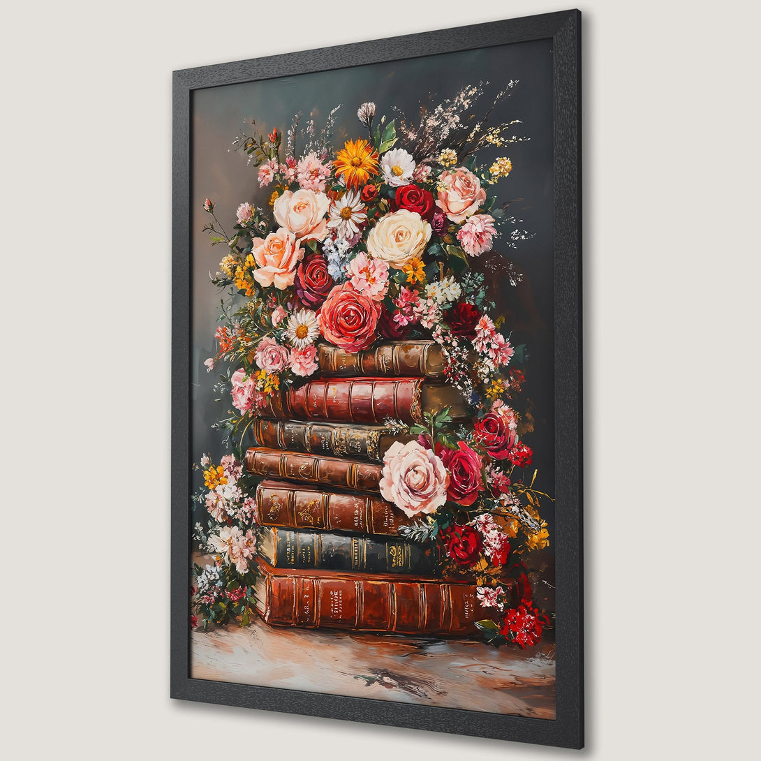 Framed Poster featuring a vibrant floral still life with roses, in a dark, moody color palette. Perfect wall art!