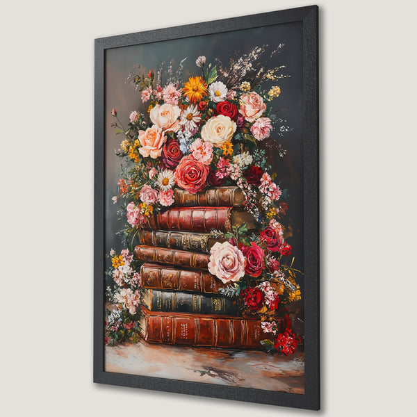 Framed Poster featuring a vibrant floral still life with roses, in a dark, moody color palette. Perfect wall art!