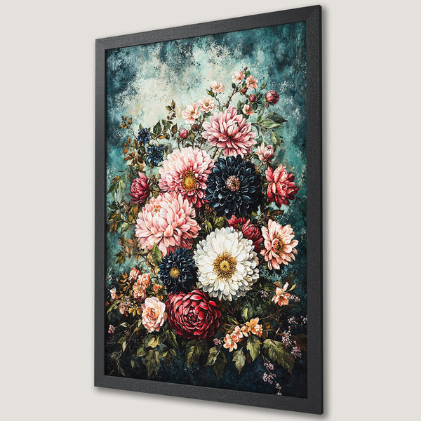 Framed Poster featuring a vibrant floral arrangement in watercolor style with a teal and pink color palette. Perfect wall art!