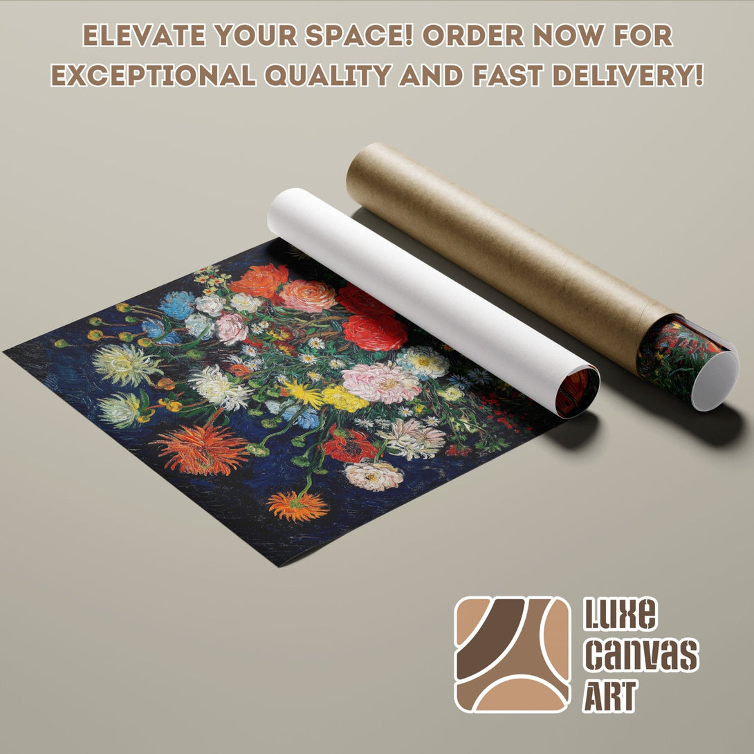 Poster Roll featuring a vibrant floral still life in a dark, painterly style with a rich color palette.