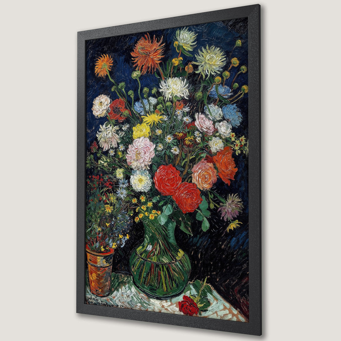 Framed Poster of Van Gogh's "Vase with Twelve Sunflowers". Impressionist style, vibrant floral arrangement with a dark blue background. A beautiful art print.