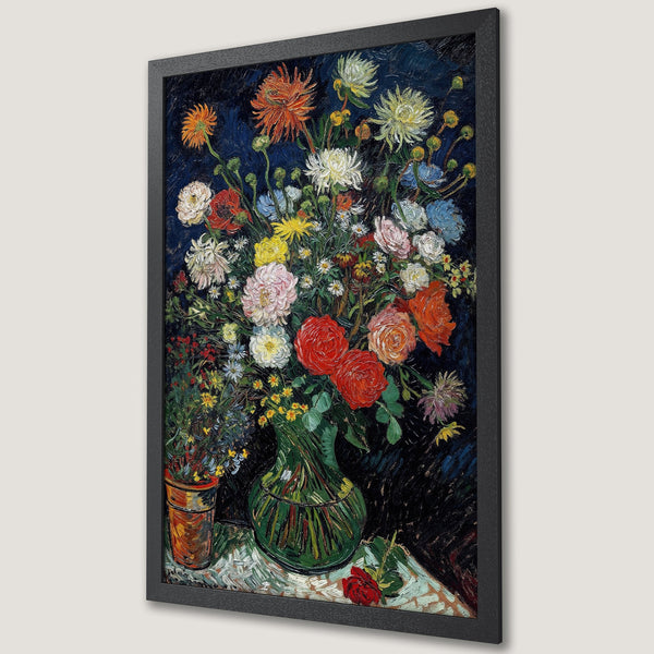 Framed Poster of Van Gogh's "Vase with Twelve Sunflowers". Impressionist style, vibrant floral arrangement with a dark blue background. A beautiful art print.