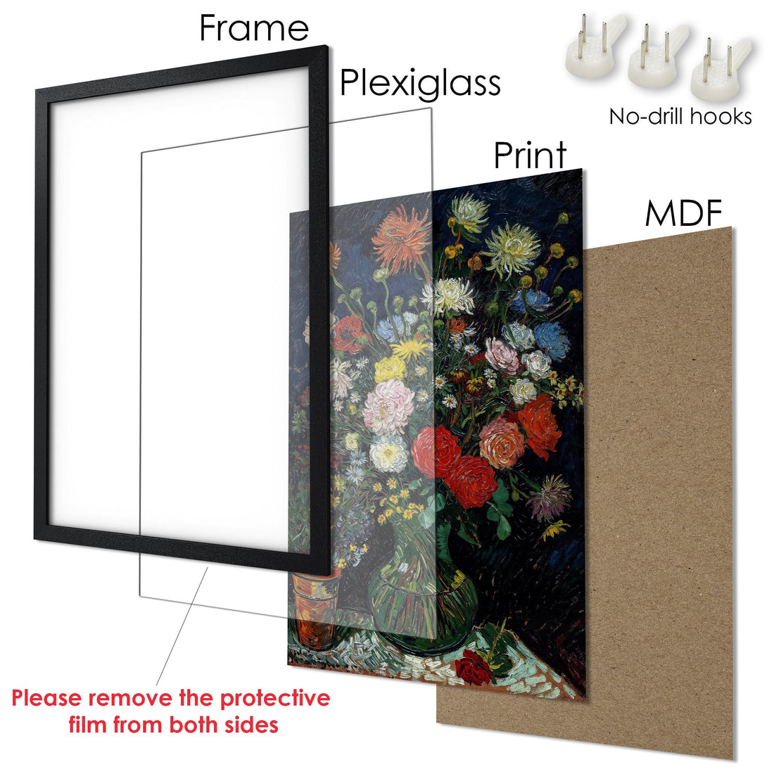 Framed Poster of floral still life in a dark, moody style with a vibrant, colorful palette. Perfect wall art for your home!