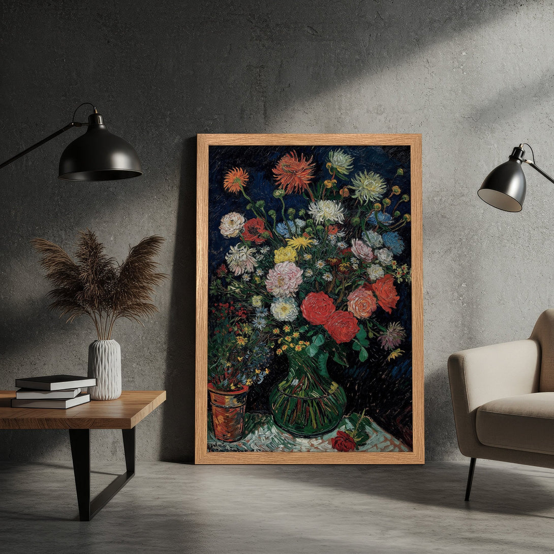 Framed Poster of vibrant floral still life in impressionist style, featuring a rich, colorful palette. Perfect wall art!
