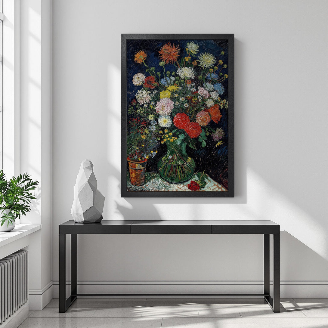Framed Poster of Van Gogh's "Vase with Twelve Sunflowers". Vibrant floral still life art in a dark, moody color palette. Perfect wall decor.