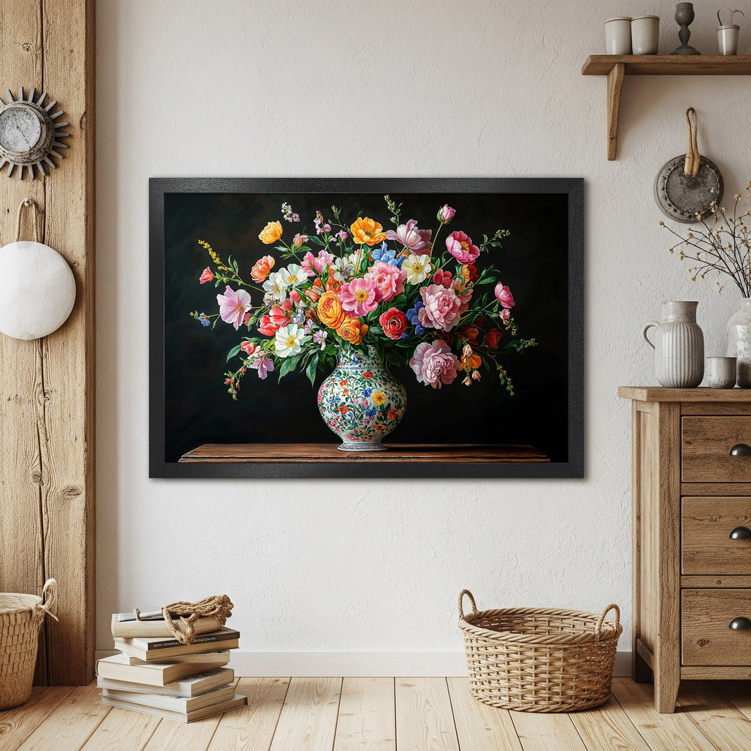Framed Poster of vibrant floral bouquet in a vase, classic style with a colorful palette. Perfect for home decor!