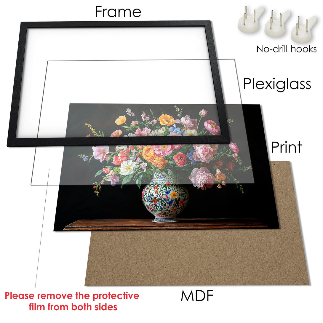 Framed Poster featuring a floral still life in a dark, moody style with a vibrant color palette. Perfect wall art!