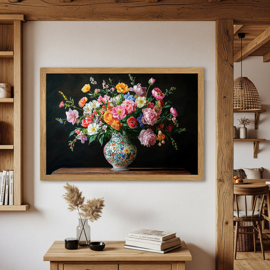 Framed Poster featuring a vibrant floral still life painting with a colorful palette. Perfect wall art for your home!