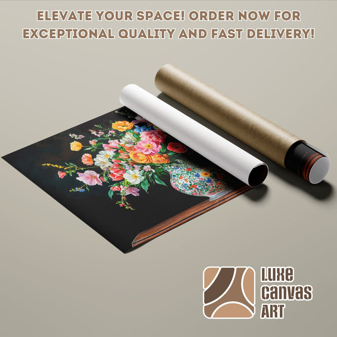 Poster Roll featuring a vibrant floral still life, dark background, colorful palette. Elevate your space!