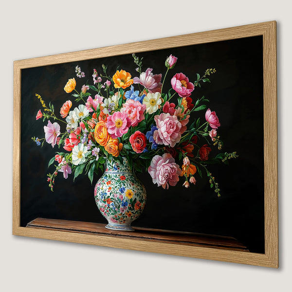 Framed Poster featuring a vibrant floral still life painting with a dark background and a warm color palette. Perfect wall art!