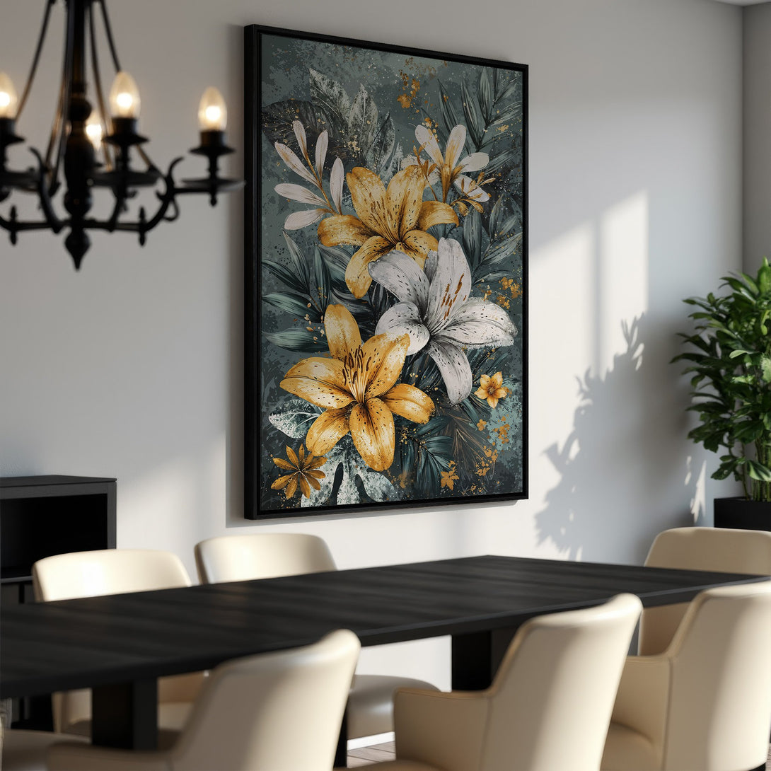 Framed Wall Art featuring vibrant floral art with yellow and white lilies on a teal background. Modern botanical print for stylish home decor.
