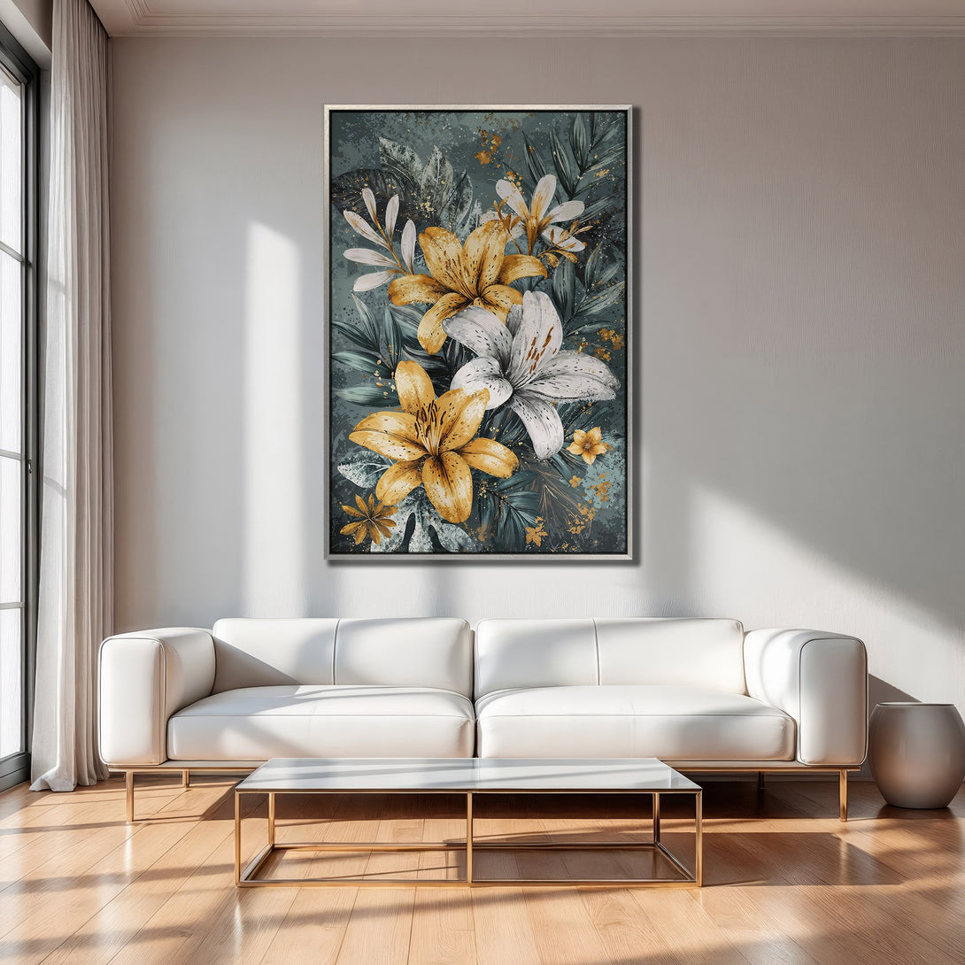 Framed Wall Art featuring floral design with yellow and white lilies on a teal background. Modern decor, perfect for living room.