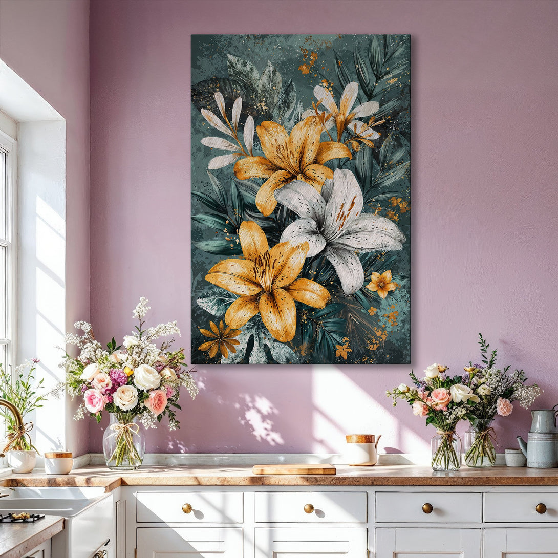 Framed Wall Art featuring elegant floral artwork in a teal, gold, and white color palette, perfect for adding a touch of sophistication to any space.