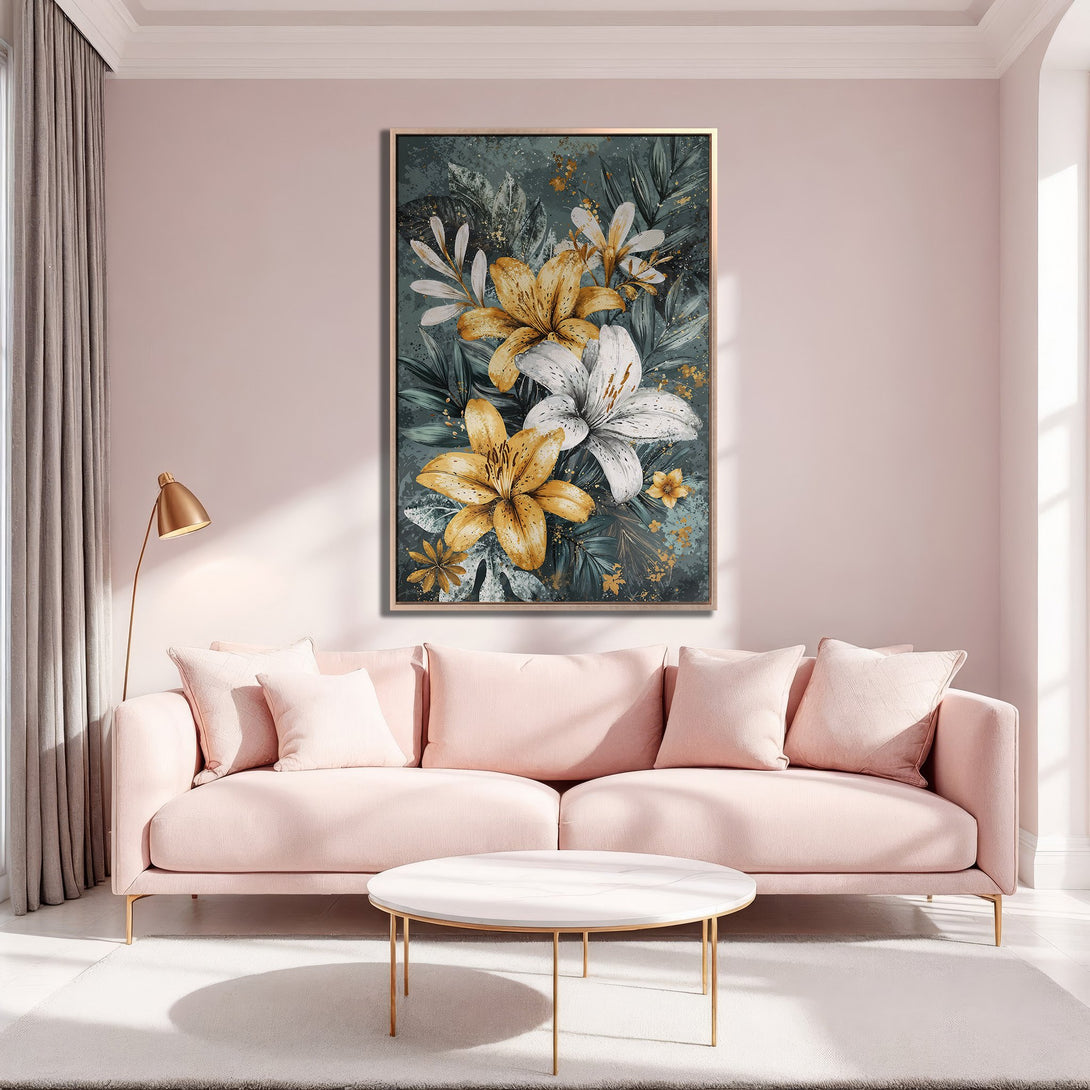 Framed Wall Art: Floral Canvas Print in a modern interior. Features yellow & white lilies on a teal background. Soft pink & gold color palette.