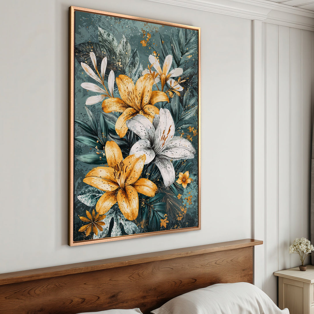 Framed Wall Art featuring vibrant floral design. Modern, botanical style with yellow, white and teal color palette. Perfect for bedroom decor.