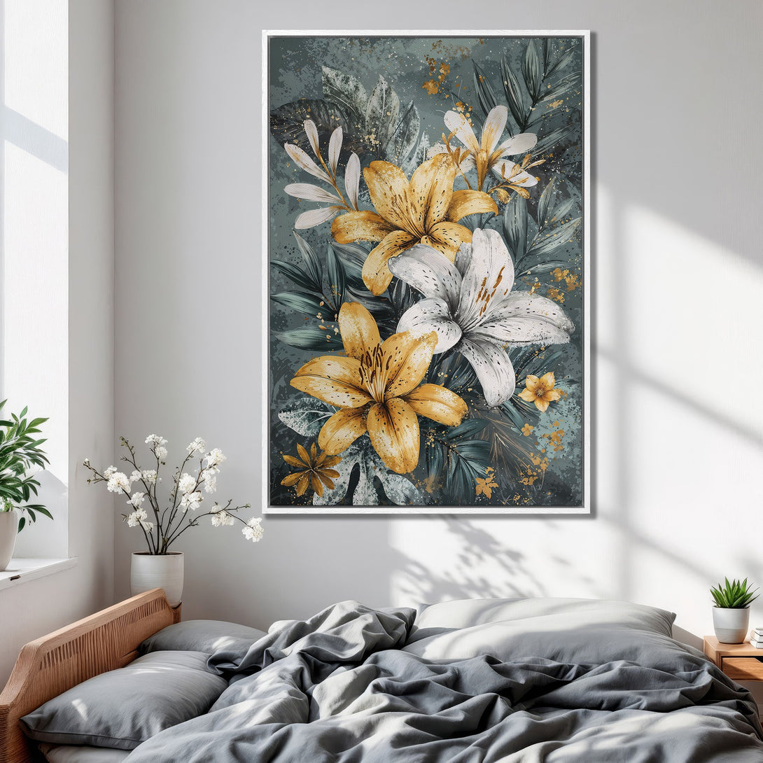 Framed Wall Art featuring elegant floral art in a botanical style. The artwork showcases yellow, white, and green lilies with a teal and gold color palette. Perfect bedroom decor.