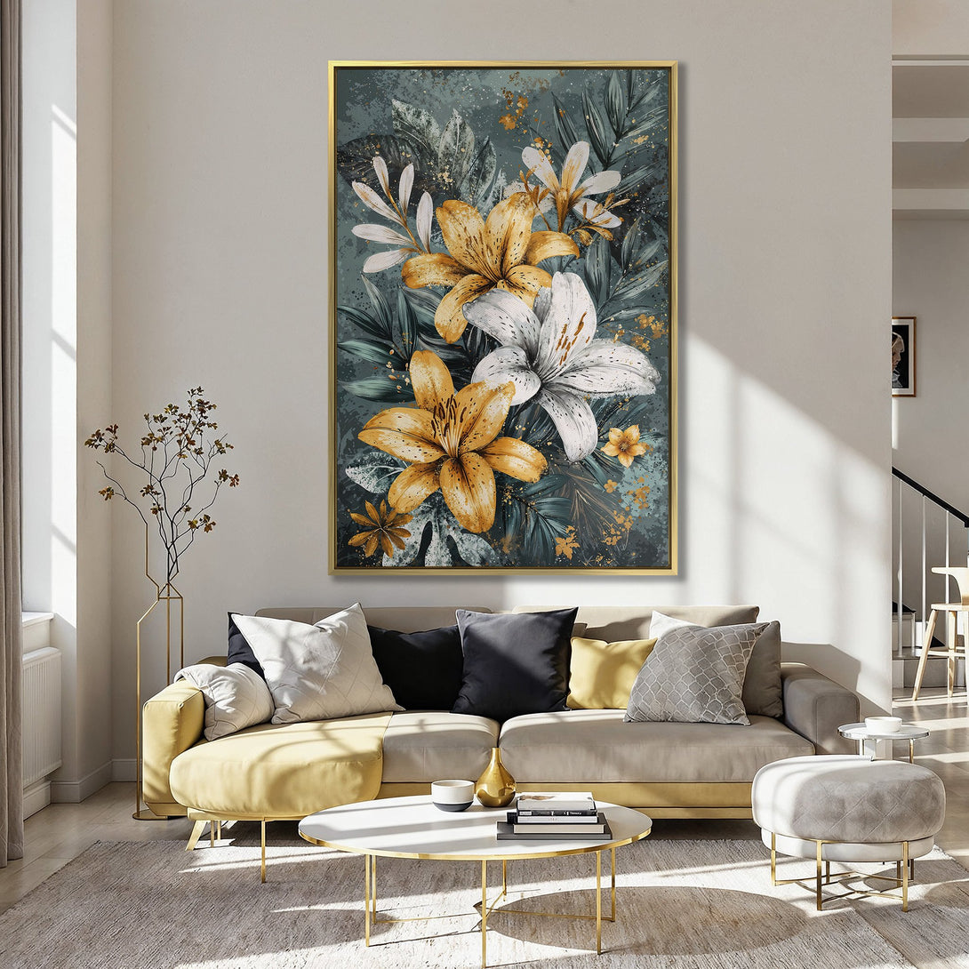 Canvas Print featuring vibrant floral art with yellow and white lilies on a teal background. Perfect wall decor for a touch of elegance.