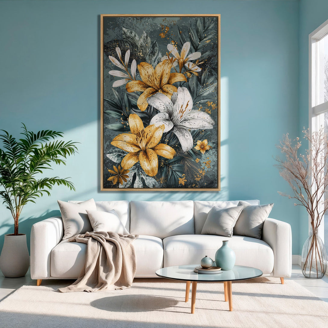 Framed Wall Art: Floral canvas print in a modern style with yellow, white, and teal hues, perfect for adding a touch of elegance to any room.